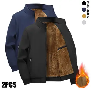 Men's Fleece Lined Thick Jacket 2 Pack - Winter Warmth Stand Collar Full Zip Coat with Side Pockets, Ribbed Cuffs & Hem, Suitable for Casual Outings, Outdoor Adventures & Everyday Wear