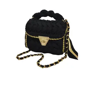 Handmade Crochet Bag with Black Handles, Gold Accents, and Chain Strap in Black