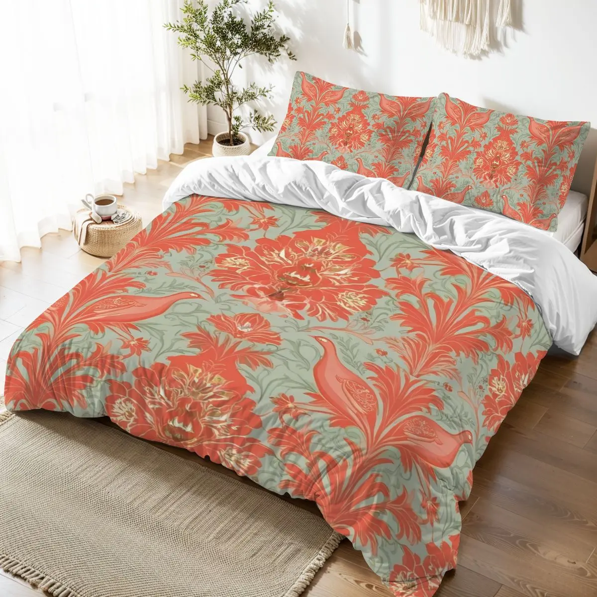 Chinoiserie Coral, Green Floral Botanicals Exotic Bird Queen Duvet Cover Set