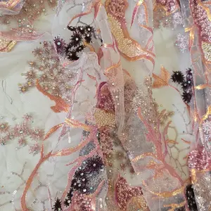 Hand Beaded Lace Tulle in Pink Grape Mauve Color