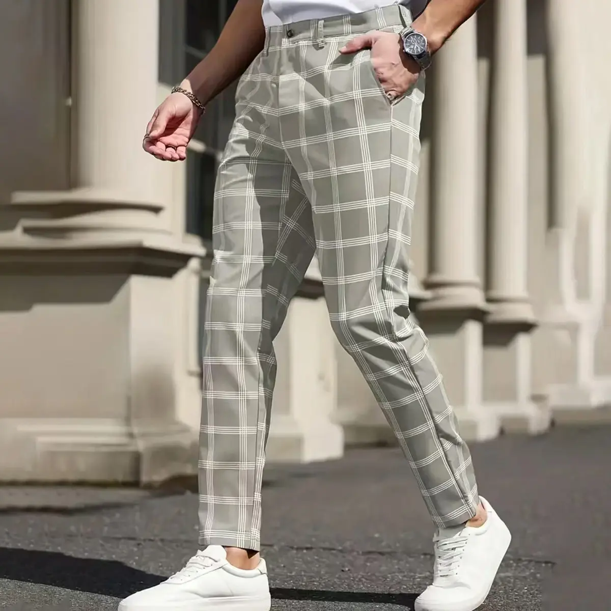 Men's Gray Plaid Slim-Fit Dress Pants, Casual Checkered Trousers with Button Closure, Breathable & Comfortable, Perfect for Business Casual, Office Wear, Daily Wear, Smart Casual and All-Day Comfort