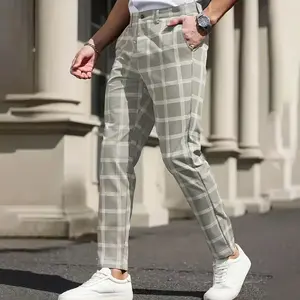 Men's Gray Plaid Slim-Fit Dress Pants, Casual Checkered Trousers with Button Closure, Breathable & Comfortable, Perfect for Business Casual, Office Wear, Daily Wear, Smart Casual and All-Day Comfort
