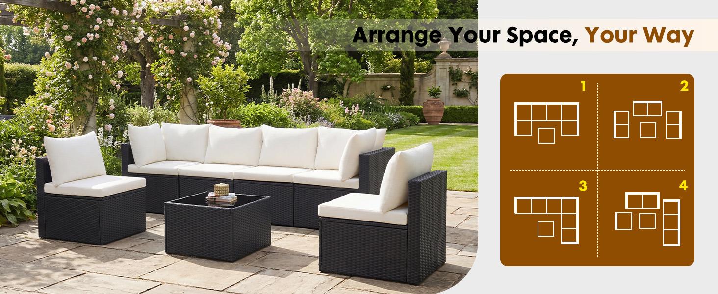 7 Piece Outdoor Patio Sectional Sofa, Modular Wicker Furniture Set with 2.8" Thick Cushions, Adjustable Feet, All-Weather Rattan Outdoor Couch for Backyard, Deck, Garden, Poolside 7 Piece Outdoor Patio Sectional Sofa, Modular Wicker Furniture Set with 2.8" Thick Cushions, Adjustable Feet, All-Weather Rattan Outdoor Couch for Backyard, Deck, Garden, Poolside