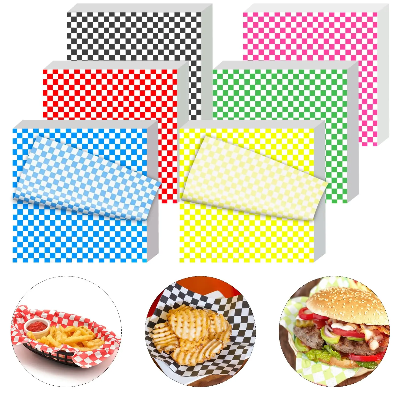 120Pcs Colorful 100% Wood Pulp Wax Paper Sheets, 12x12In Grease-Proof Leakproof Biodegradable Checkered Food Basket Liners, Deli Wrapping Paper for Party & Outdoors (Office Gifts & Wrapping Supplies), Festive