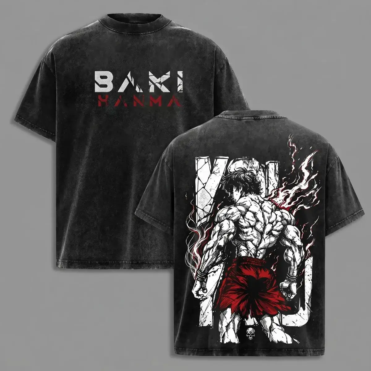 Men's Oversized Vintage Washed Black Round Neck Ribbed Neckline Short-Sleeve T-Shirt - Baki Hanma Front Logo, Back Muscular Torso Graphic With Flame Print, Unisex Streetwear Top, Front-Back Men's Short-Sleeve T-Shirts, Muscular Torso Graphic Men's Short-S