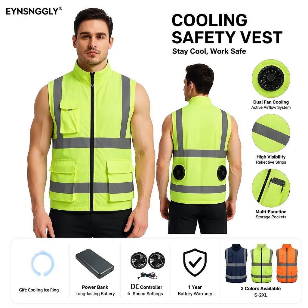 EYNSNGGLY Cooling Vest for Men & Women, Lightweight Reflective Workwear with Reflective Strips, 6-Speed Dual Fans, 20000mAh Battery, 18-24H Runtime, Heat Reduction for Construction, Camping, Gardening