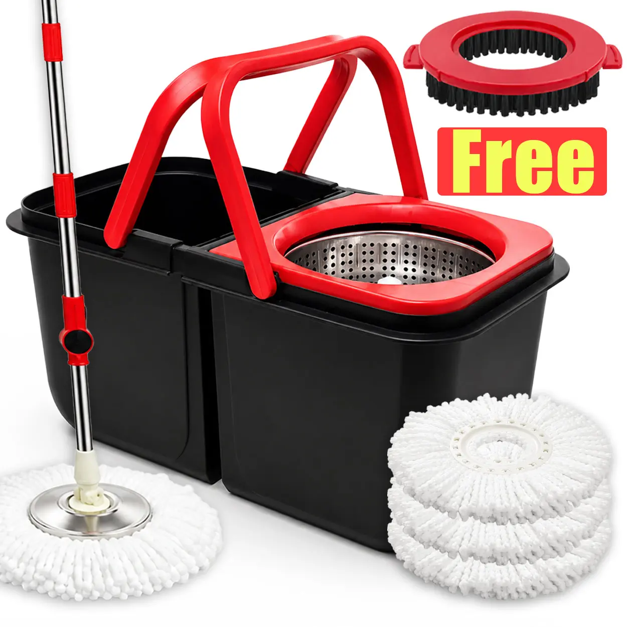 UP- 61-in Vinyl Detachable Spin Mop Bucket Set, 360° Rotatable & Adjustable Stainless Steel Telescopic Rod, Double-Basin with Built-In Drain Hole, Includes 1 Brush & 3 Reusable Microfiber Mop Heads for Easy Home Storage