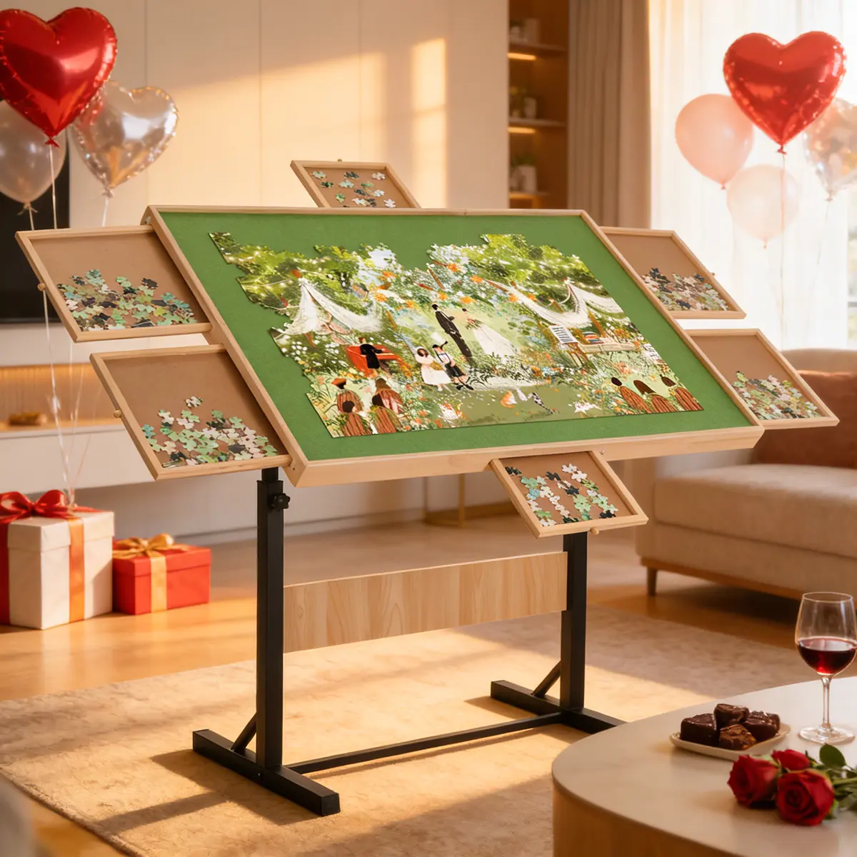 FUNTOK 1500/2000 Piece Puzzle Table for Adults & Couples, Portable Wooden Puzzle Board with 6 Drawers, Adjustable Height & 4-Angle Tilt, Transparent Cover & Non-Slip Felt Surface | Perfect for Mom & Puzzle Lovers
