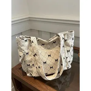 Women's Lightweight Shoulder Tote Bag with Multiple Pockets, Contrasting Color Bow Print and Large Capacity, Suitable for School and College StudentsGift