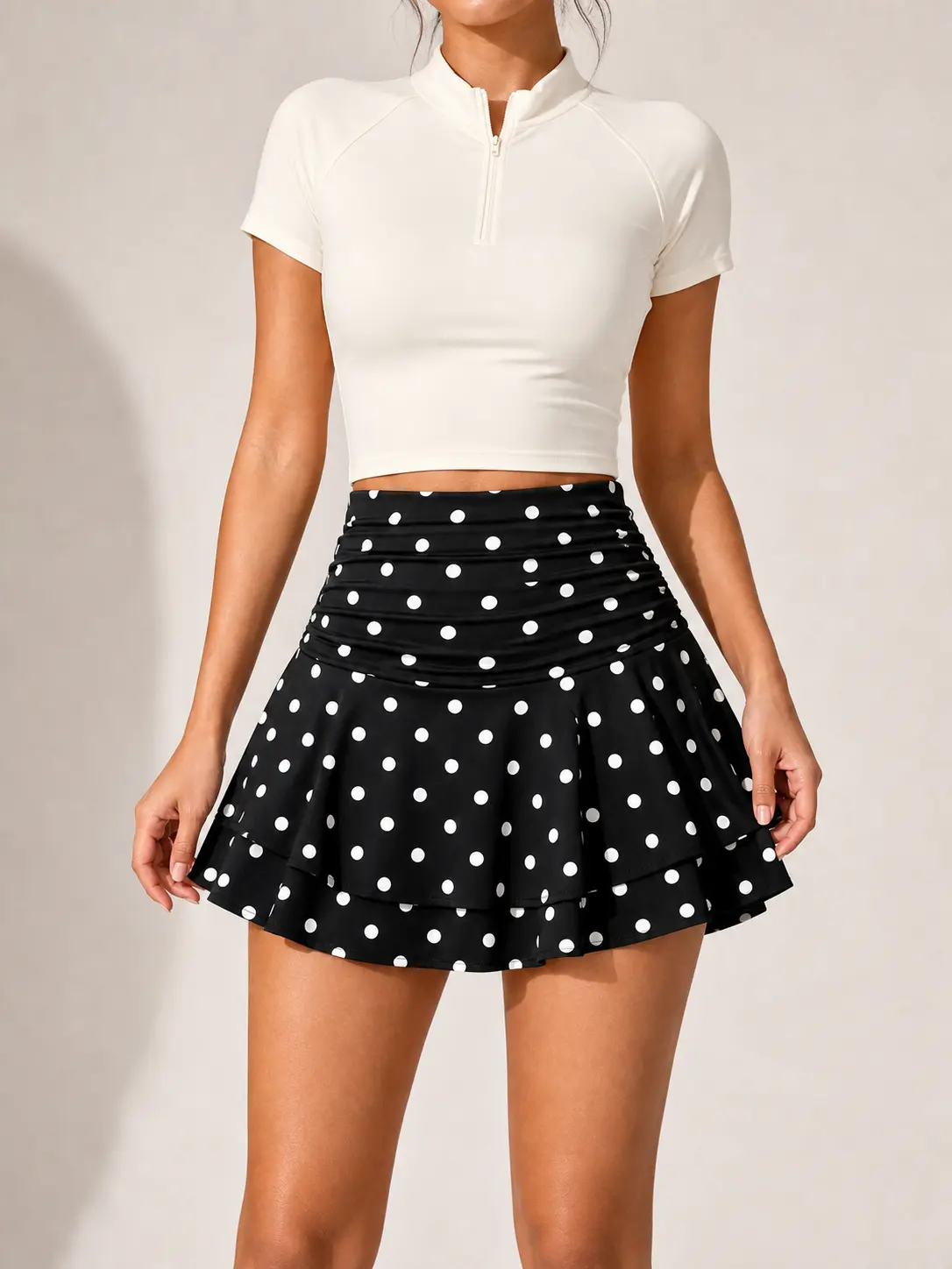 Women's High Waisted Polyester Polka Dot Sport Skort - Double-Layer Ruffle Hem, Pockets, Anti-Peek Safety Lining, Sporty Chic, Female Cross-Court Style, Yes for Tennis, Fitness