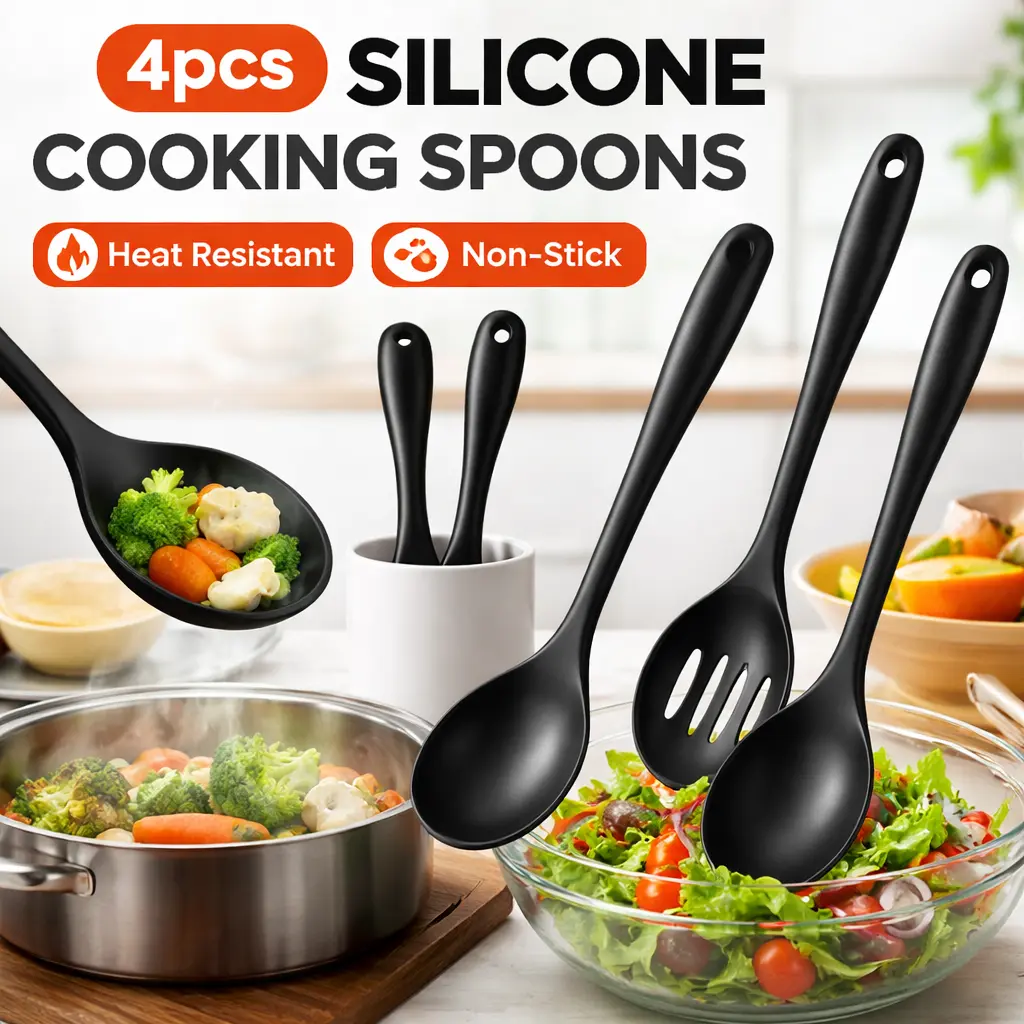 4 Pcs Silicone Spoons for Cooking – 10.6 Inch Large Nonstick Serving Spoons, Heat Resistant Slotted Spoon for Mixing & Stirring, Dishwasher Safe Kitchen Utensils