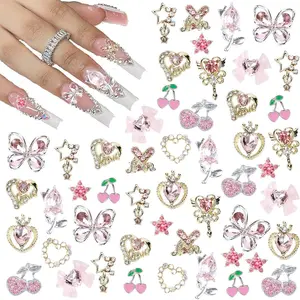 Cute Butterfly & Heart & Cherry & Bowknot Design Nail Art Charms, 24pcs/set Rhinestone Decor Nail Art Decoration, DIY Nail Art Decoration for Women & Girls, Diy Nail Kit