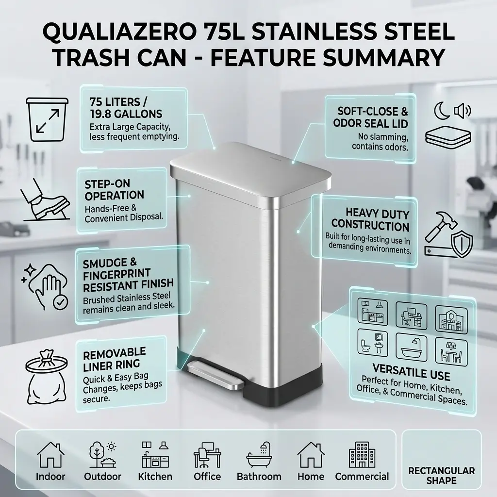 QUALIAZERO 75L Trash Can with Step-On Mechanism, Soft-Close Lid, and Smudge-Resistant Stainless Steel Finish