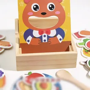 A wooden bear feeding game box with 30 food game blocks, learning classification and color recognition, improving hand-eye coordination, training the use of tableware, independent eating exercises, concentration and life skills