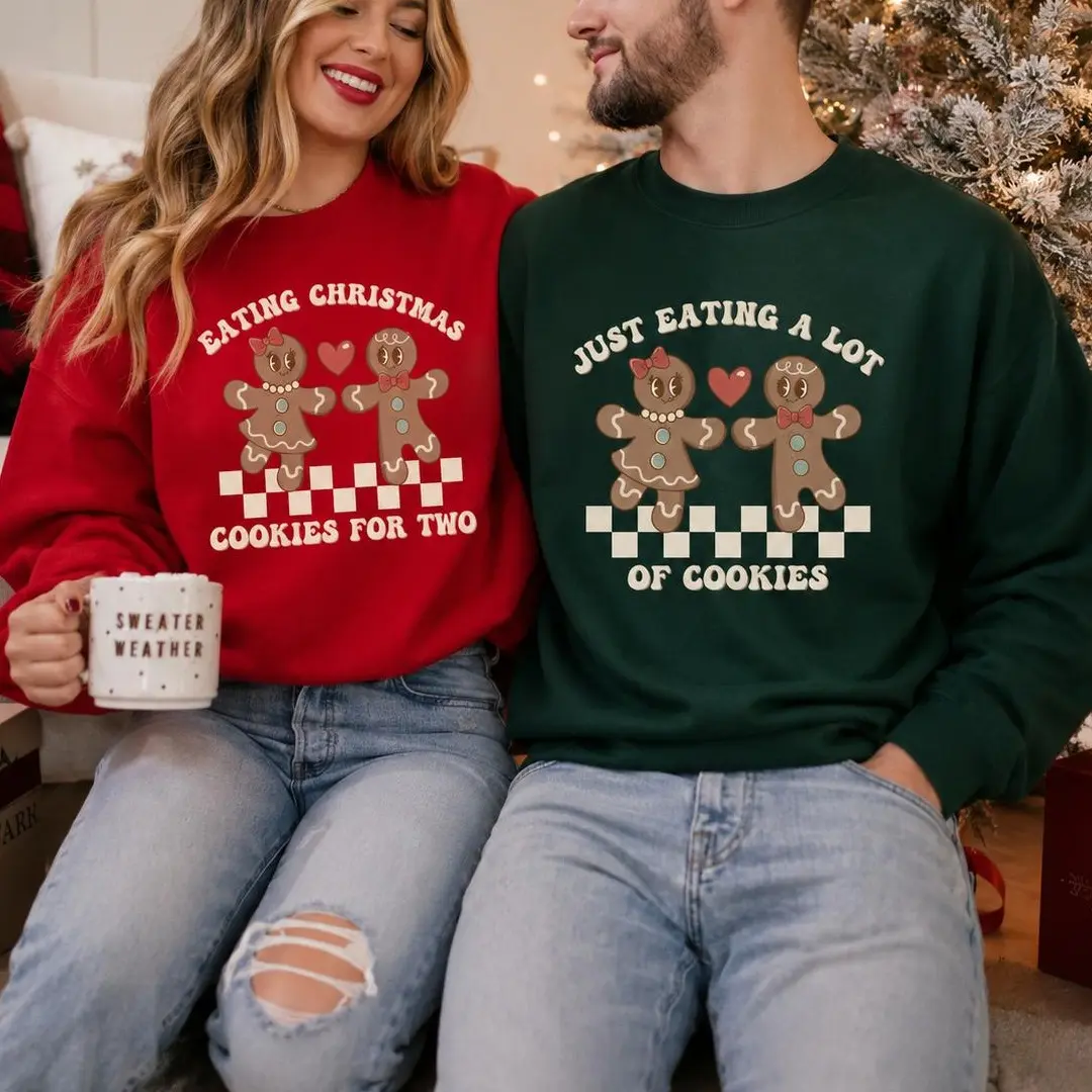 Funny Christmas Couple Sweatshirt, Eating Christmas Cookies for Two Matching Crewneck, Just Eating a Lot of Cookies Gingerbread Sweater, Cute Holiday Couple Gift – DPCLICK