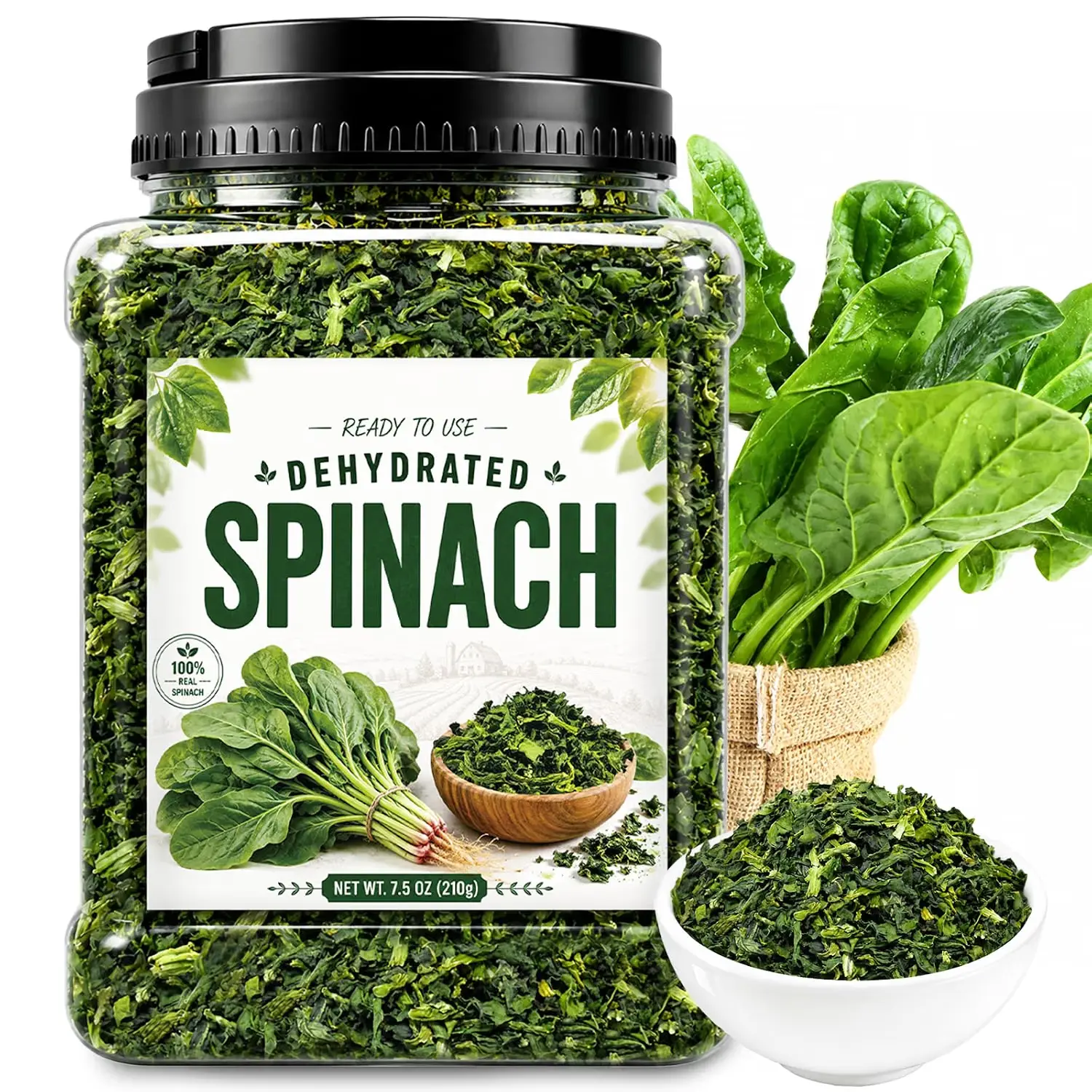 7.5 oz Natural Dried Spinach Flakes - Dehydrated Dried Veggies, Vegetable Flakes for Cooking, 1 Jar