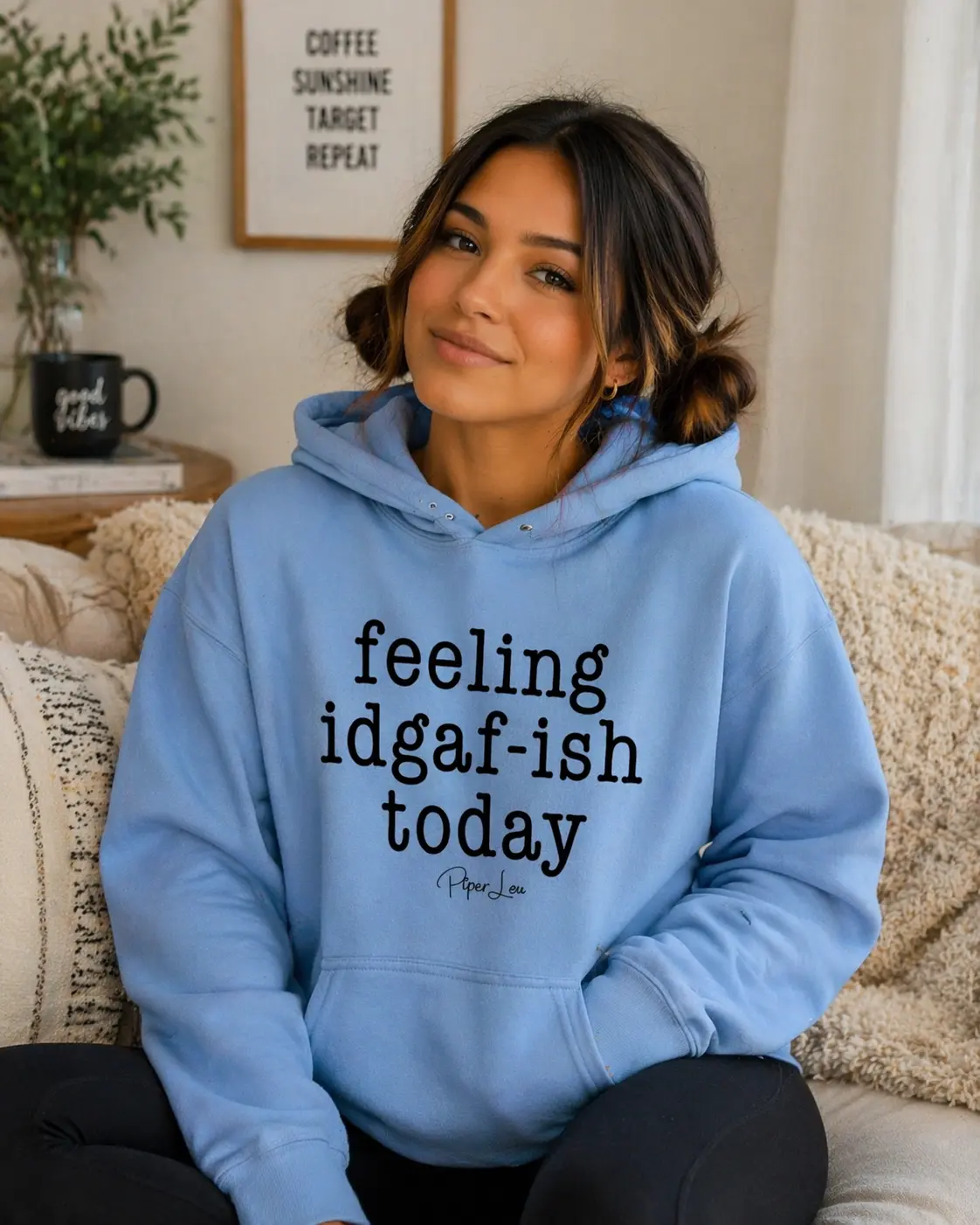 Women's "Feeling IDGAFish Today" Graphic Print Hoodie Top - 50% Cotton 50% Polyester, Spandex Yarn, Crew Neck, Quarter Turn, Double Lined Hood, Front Pouch Pocket, Drawstring, Long Sleeves, Casual Sweatshirt, Tops, Sweatshirts