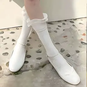 2 pairs of white ballet-style double-layer ruffle socks for women, mid-calf summer thin pleated calf socks, niche stacked socks