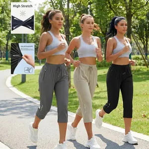 Women’s summer high-waisted ice silk cool-touch three-quarter athletic pants, lightweight quick-dry design with zippered pockets, slimming fit that doesn’t cling to the legs—ideal for running, fitness, and casual wear.