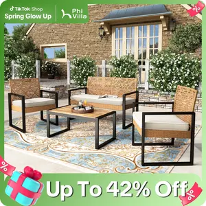 Phivilla Home 4-Piece Outdoor Wicker Patio Furniture Set, Cushioned Rattan Loveseat & Chairs, with Acacia Wood Coffee Table, Elegant All-Weather Seating for Garden, Backyard & Poolside, SpringGlowUp