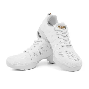 Linodes Women's Breathable Dance Sneaker with Split Sole & Air Cushion for Jazz & Walking Shoes, white & black
