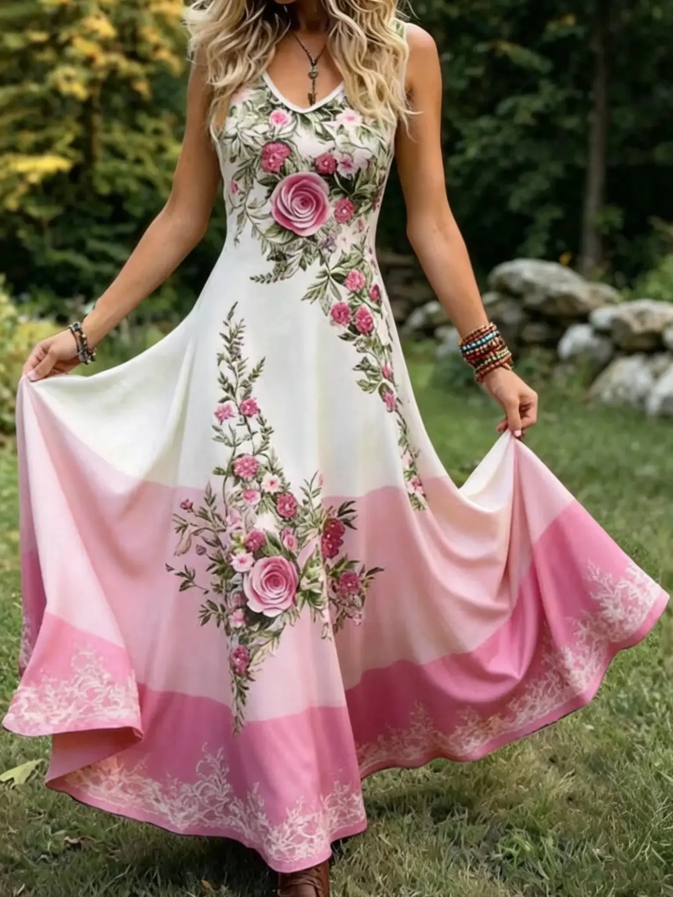 Women's Vintage Celtic Knot Long Sleeveless V Neck Gown Loose-Fitting All Over Print Larp Renaissance Festival Bohemian Flowy Maxi Dress for Summer Beach Vacation Resort Wear