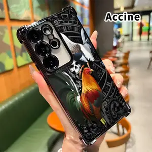 Phone Case Compatible with Samsung Galaxy S23 Ultra S24 Plus S25 S22+ FE Edge Roosters and Skull Art Pattern Four Corners Air Cushion Anti-drop Premium Plated Cover Casing Clear Protective