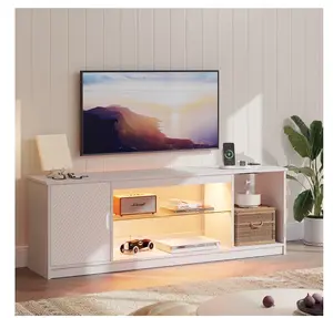LED TV Stand for TVs up to 65", Entertainment Center with Power Outlet & Storage Cabinet, White