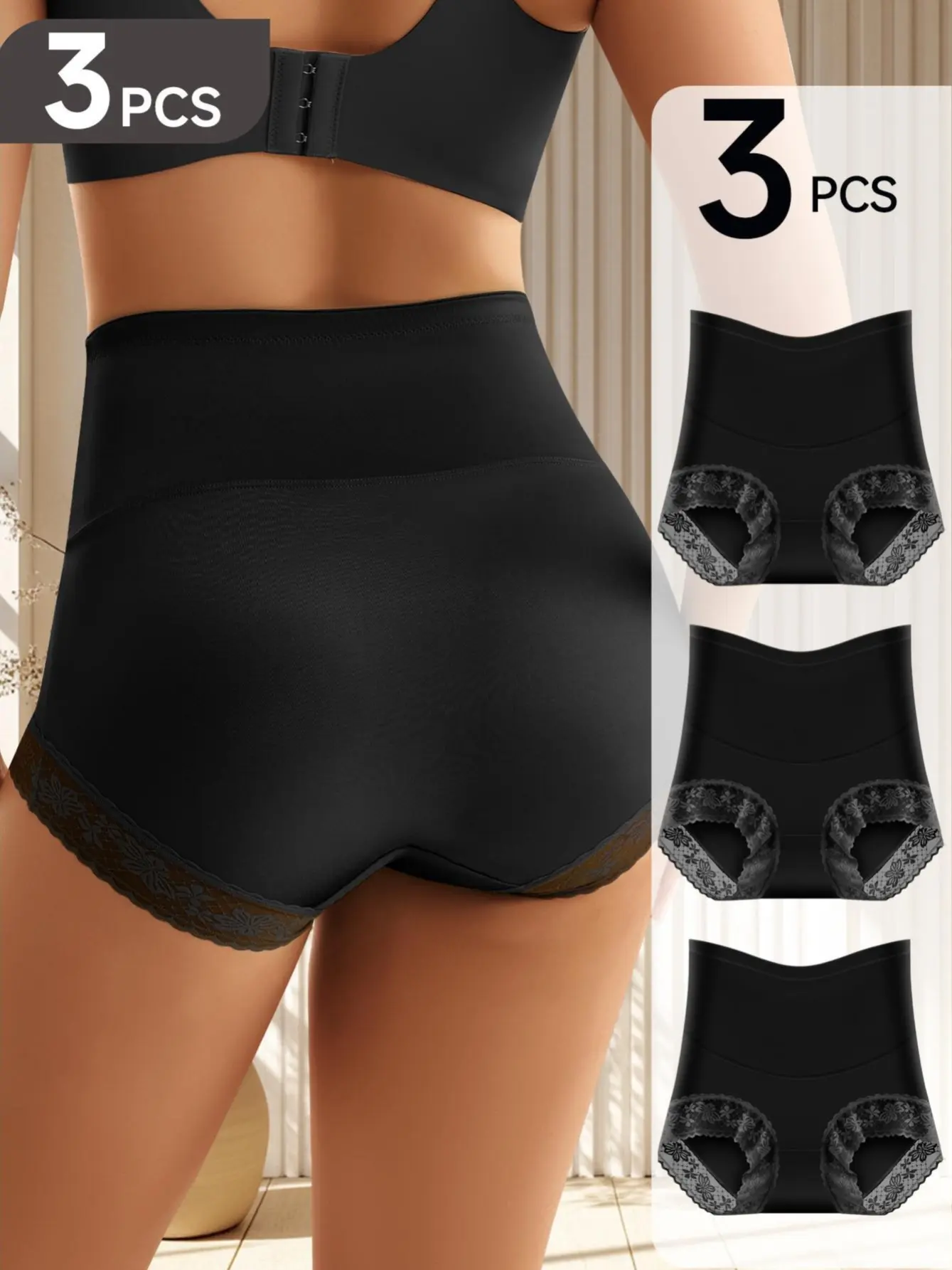 QUASTI 3 Pack Comfortable High Rise Casual Panties Set, Gentle Tummy Control Boxer Brief, Floral Lace Trim Silky Smooth Underwear, Breathable Lightweight Stretchy Fit Full Coverage Lady Panties, Basic Everyday Underwear, S-XXL, Boxer Briefs, Hand Wash, Pl