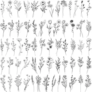 15 Sheets Tiny Branch Black Flower Temporary Tattoos For Women Girl Neck Realistic Floral Bouquet Small Tattoo Temporary Lavender Fake Tattoo Sticker For Adults Face Hands Kit