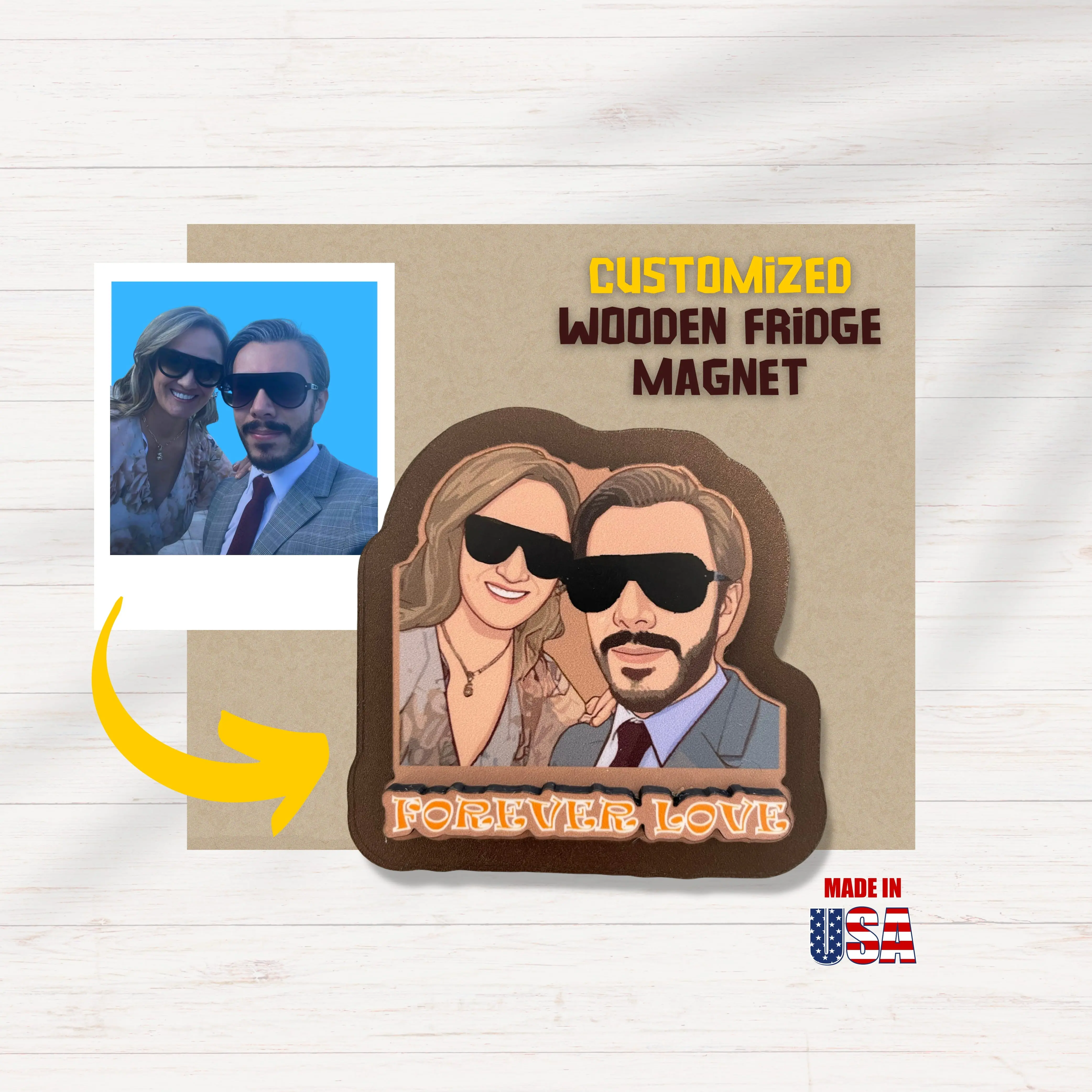 Custom Wooden Fridge Magnet With Picture and Name - Two People