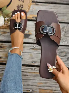 Women's Rhinestone Metal Buckle Toe Thong Sandals, Alligator Texture PU Material, Perfect Match for Cool Streetwear