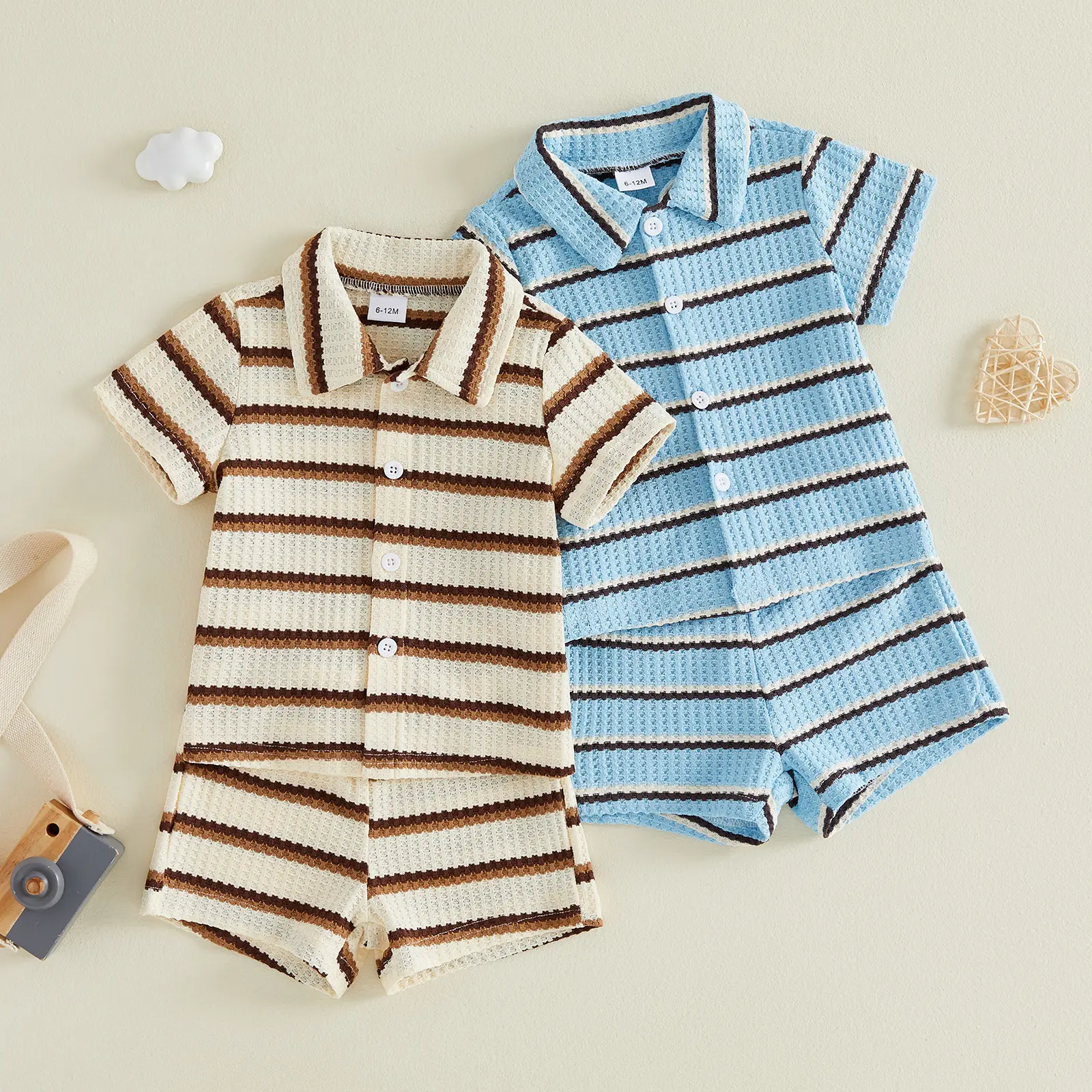 Kupretty  Toddler Baby Boy Outfit Striped Lapel Collar Short Sleeve T Shirt Waffle Knit Elastic Waist Shorts Set Summer Clothes