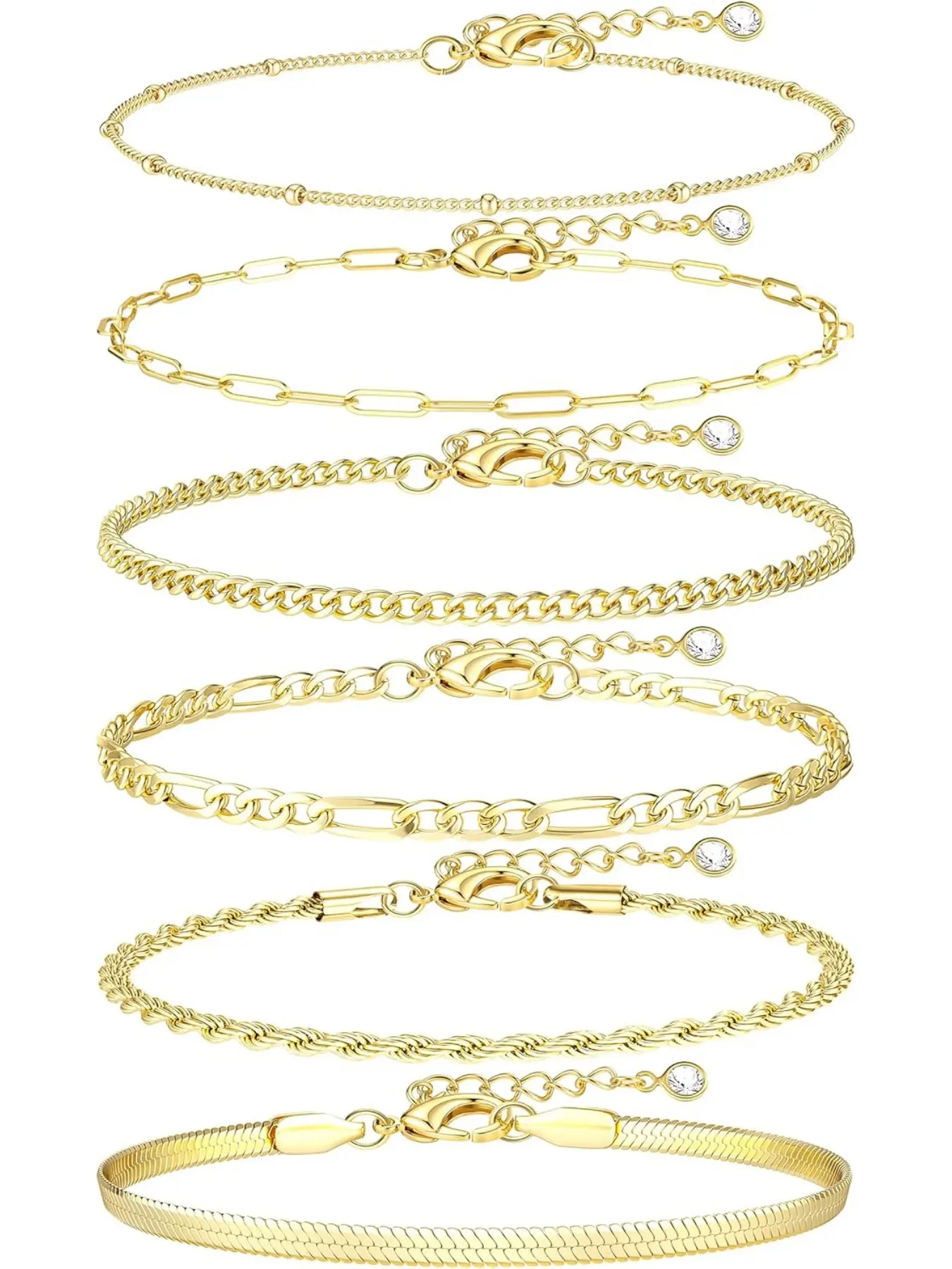 6PCS Ankle Bracelets for Women Waterproof-14K Gold Plated Anklets for Women Non Tarnish Hypoallergenic Stainless Steel Cuban Link Chain Anklet Set Layered Beach Jewelry Gift Adjustable Elegant Jewelry Bracelet