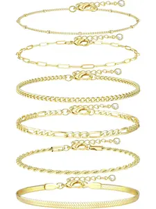 6PCS Ankle Bracelets for Women Waterproof-14K Gold Plated Anklets for Women Non Tarnish Hypoallergenic Stainless Steel Cuban Link Chain Anklet Set Layered Beach Jewelry Gift Adjustable Elegant Jewelry Bracelet
