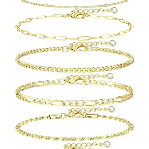 6 Pcs Ankle Bracelets for Women, Waterproof 14K Gold Plated, Non-Tarnish Hypoallergenic Stainless Steel Cuban Link Chain Anklet Set, Layered Beach Jewelry Gift, Adjustable, Anklet Fashion Accessories