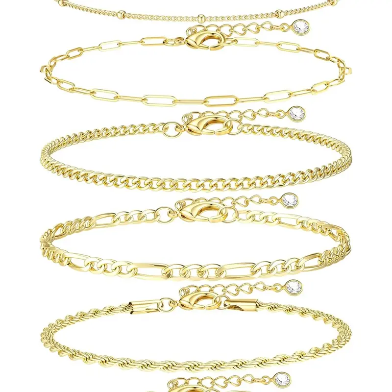 6 Pcs Ankle Bracelets for Women, Waterproof 14K Gold Plated, Non-Tarnish Hypoallergenic Stainless Steel Cuban Link Chain Anklet Set, Layered Beach Jewelry Gift, Adjustable, Anklet Fashion Accessories