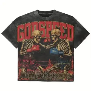 100% Cotton Y2K Hip Hop T-Shirt - Pro Boxing Skeleton Boxers Red & Blue Gloves Flame Print, Casual Streetwear Short Sleeve Round Neck Tee