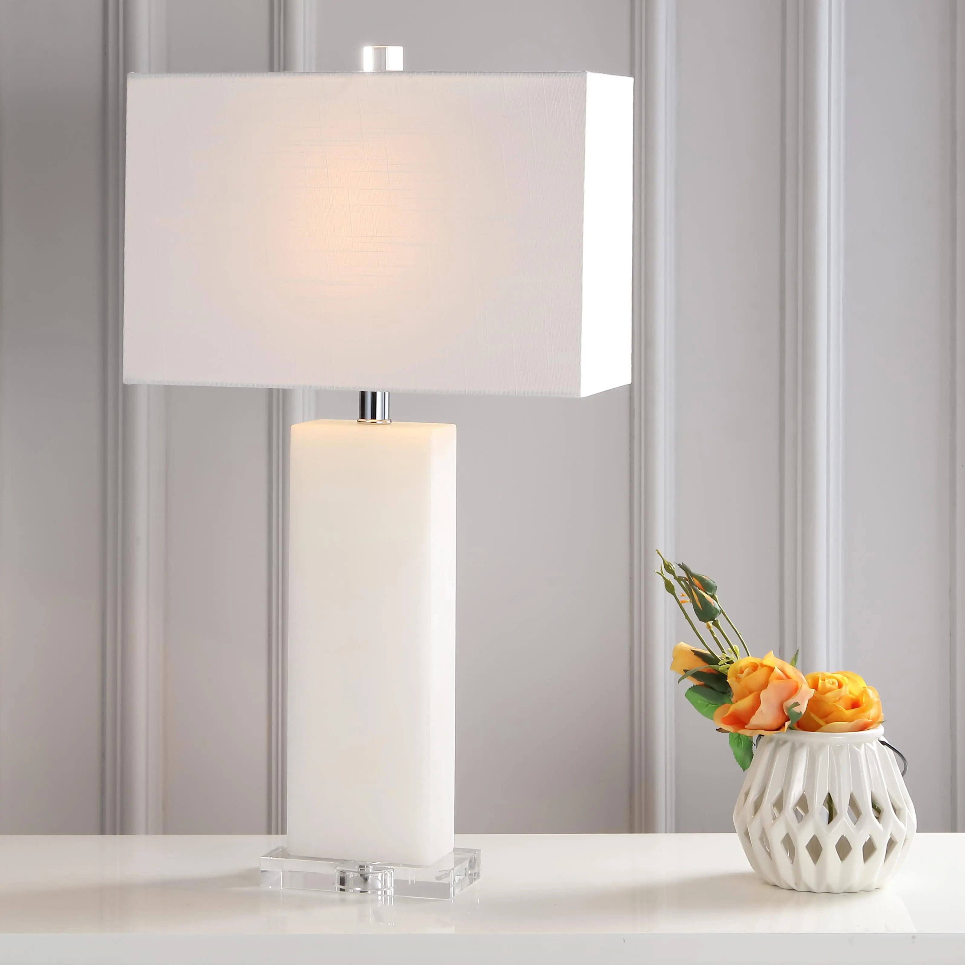 JONATHAN Y Tiggie 27" Alabaster Table Lamp | Contemporary Modern Rectangular Bedside Nightstand Light, Crystal Accents, Linen Shade, LED Bulb Included