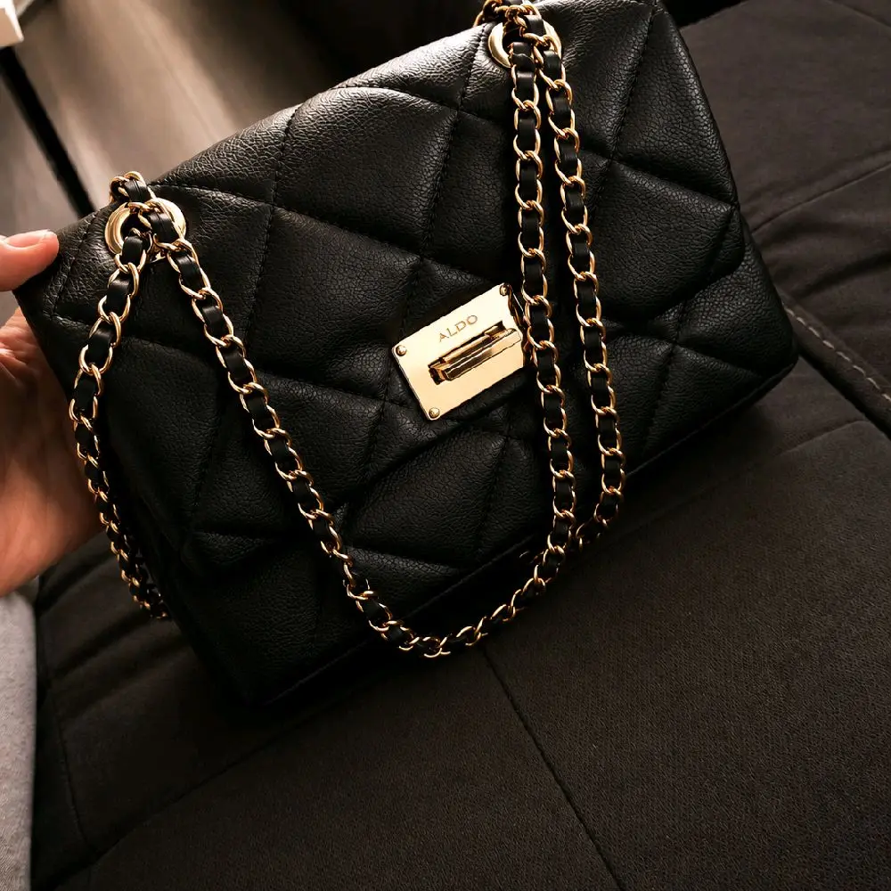 ALDO Black Quilted Handbag, Chic Timeless Elegance Accessory with Gold-Tone Chain Straps, Versatile Size for Day or Night Wardrobe Essential