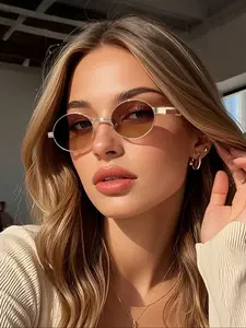 Women's Full Frame Oval Glasses, Vintage Style Metal Edges, Faux Texture Temple Tips, Unisex Eyewear Accessories, Classic Oval Sunglasses