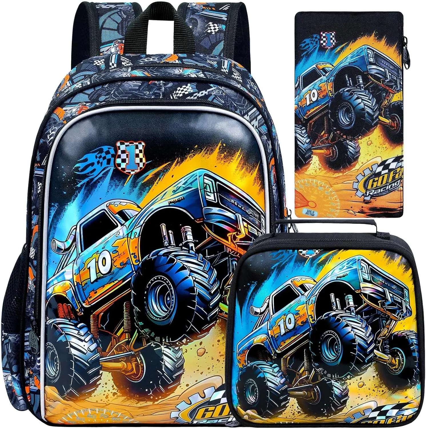 16" Car Backpack for Boy, 3Pcs School Backpacks with Lunch Box, Kids Bookbag for Elementary Preschool Kindergarten(Black)