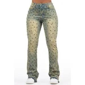Sareka Tinted Dark Wash Rhinestone Stacked Flare Jean