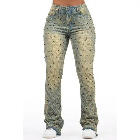 Sareka Tinted Dark Wash Rhinestone Stacked Flare Jean