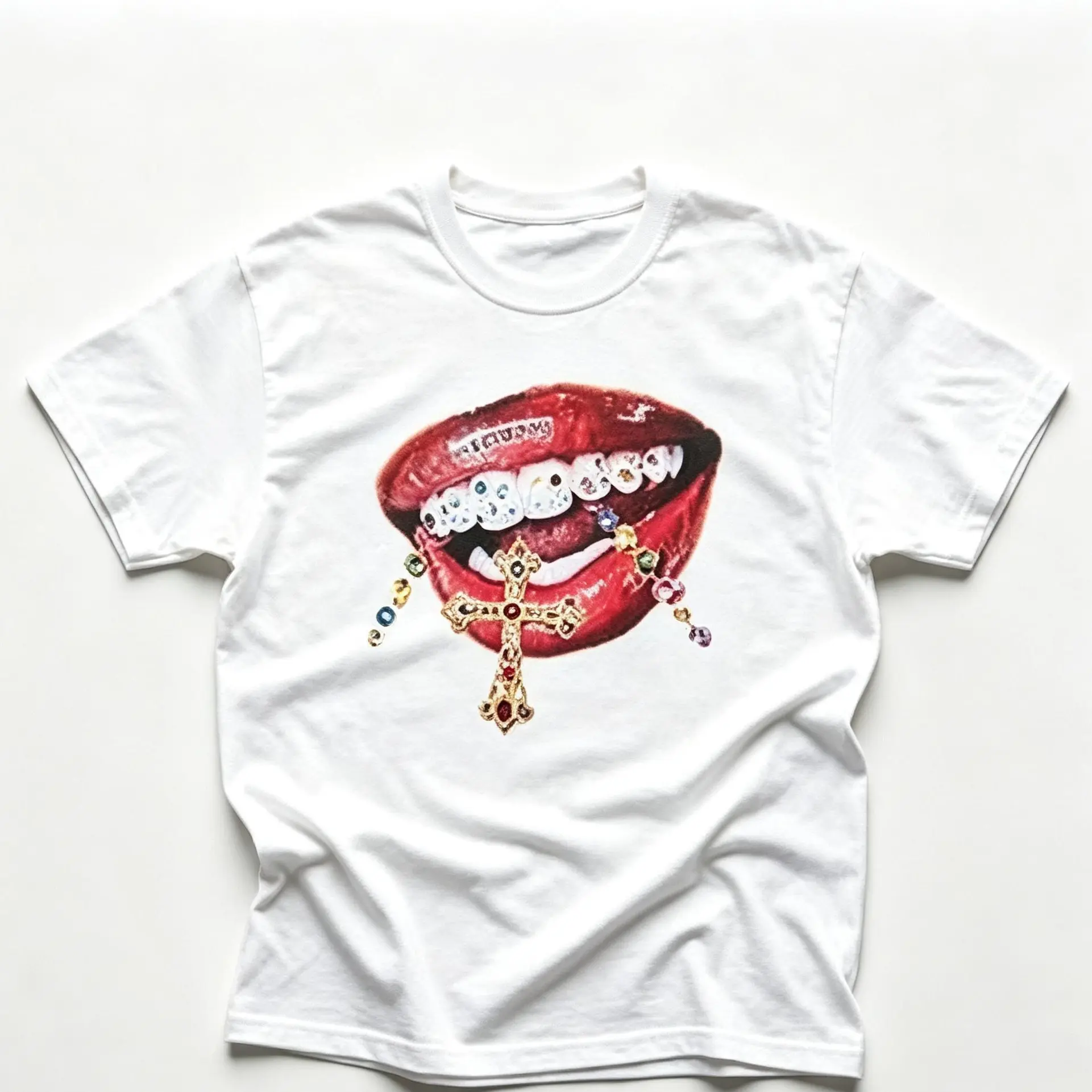 Y2K Hip Hop Bling Diamond Grill Lips Cross Graphic T Shirt Icy Teeth Gold Jewelry Streetwear Cotton Tee For Men Women
