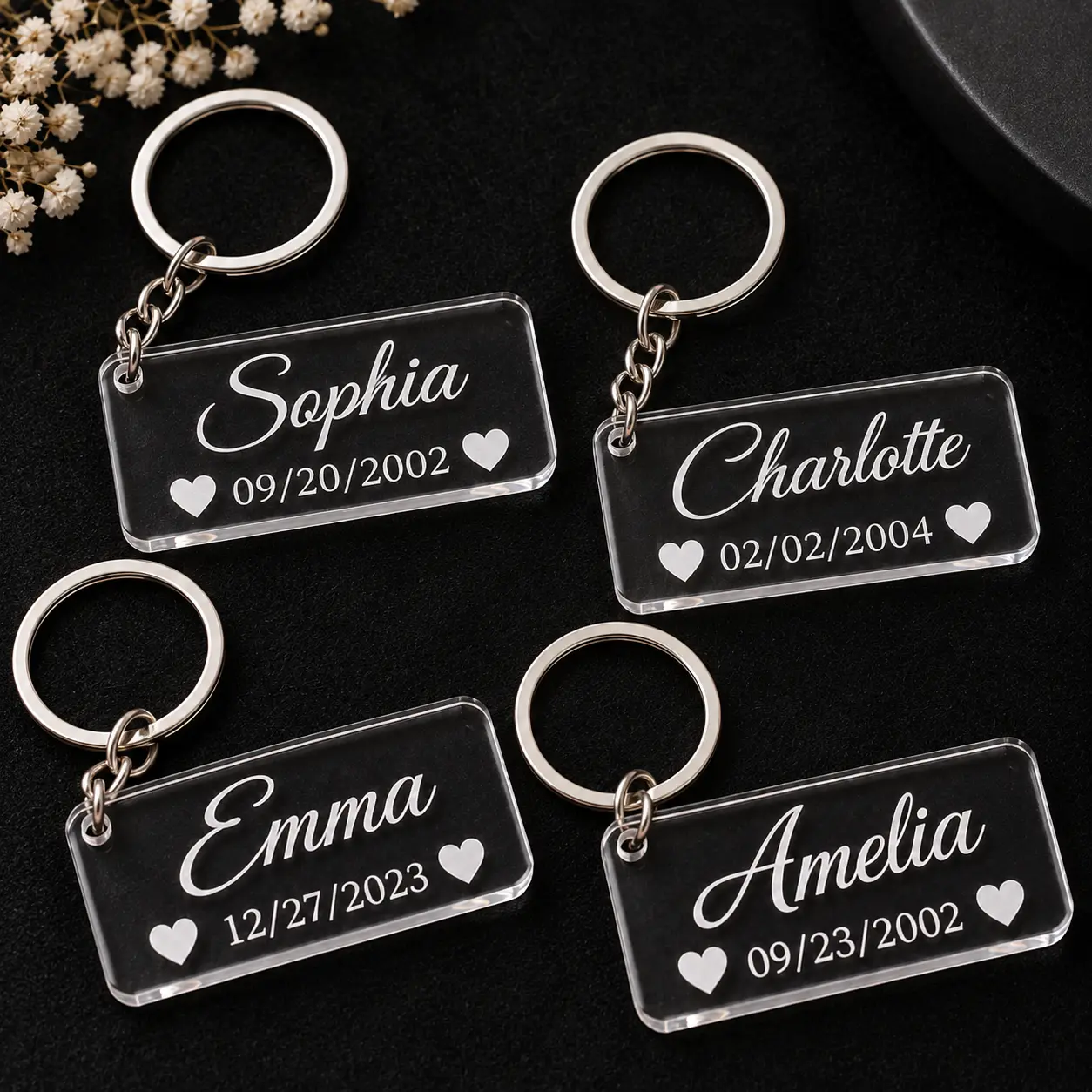Customizable Printed Unisex Acrylic Keychain - Personalized Name-Date Key Ring, Everyday Anniversary Gift for Couples