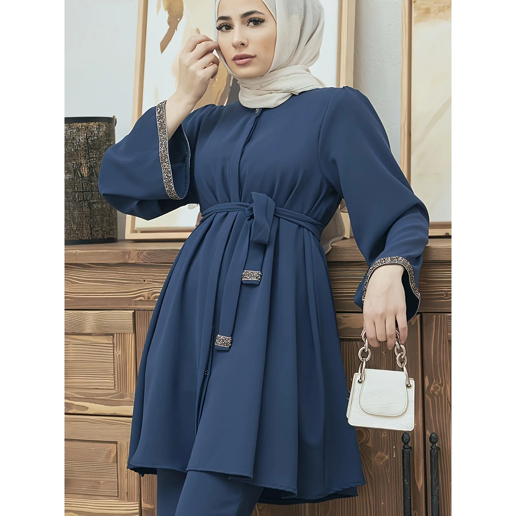 Contrast Trim Belted Button Front Kaftan Shirt, Elegant Long Sleeve Coverup Top, Women's Clothing