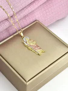 Fashion Hip Hop Saint Judas Necklace, Men's Copper Plated 14k Gold Saint Jude Pendant, 24 Inch Flat Chain, Perfect Gift for All Seasons