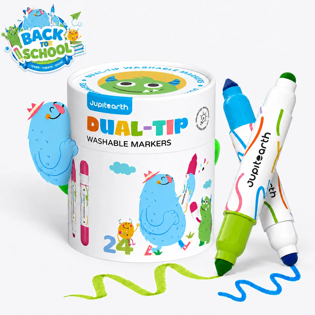 【back to school shopping】JUPITEARTH Jumbo Washable Markers for Toddlers Easy Grip, 24/12 Colors Dual-Tip Non-Toxic Skin-Friendly Cone Tip Art Markers for Kids Back to School Shopping Dual Tip Pens Coloring Supplies