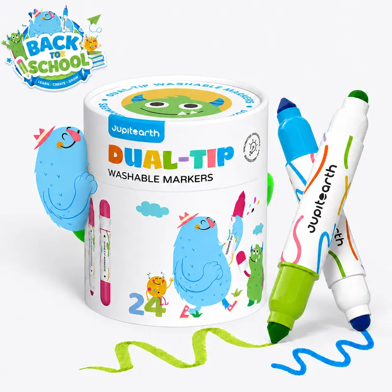 【back to school shopping】JUPITEARTH Jumbo Washable Markers for Toddlers Easy Grip, 24/12 Colors Dual-Tip Non-Toxic Skin-Friendly Cone Tip Art Markers for Kids Back to School Shopping Dual Tip Pens Coloring Supplies tiktokshopbacktoschool, Color Marker Set